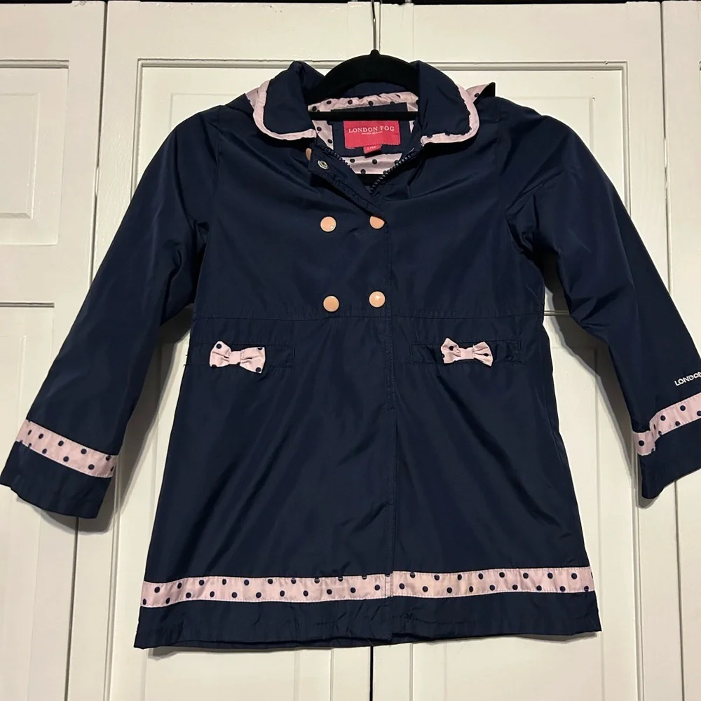 London Fog Kids Rain Jacket with Pink Polka Dot Accents - Picture 1 of 6
